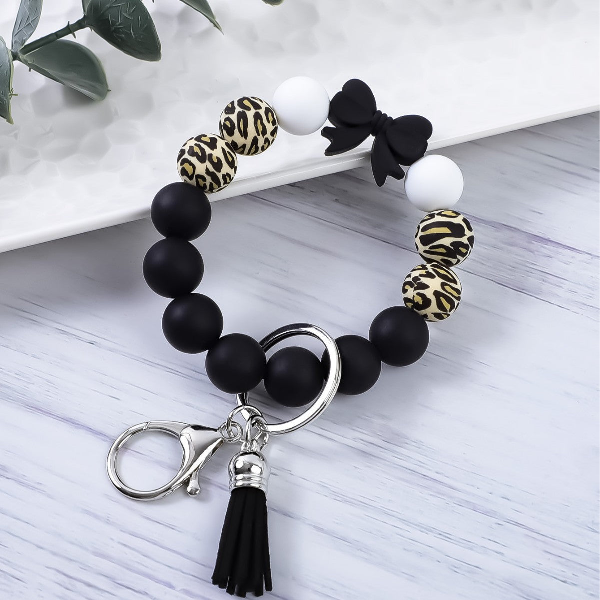 Wholesale Colorful Bow Leopard Print Silicone Beaded Tassel Bracelet Keychain